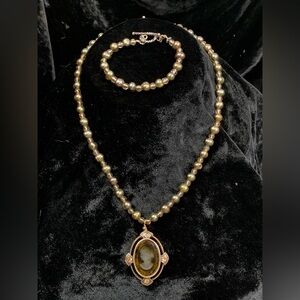 SET Extasia Cameo Olive Pearl Necklace & Bracelet Glass Intaglio Iridescent